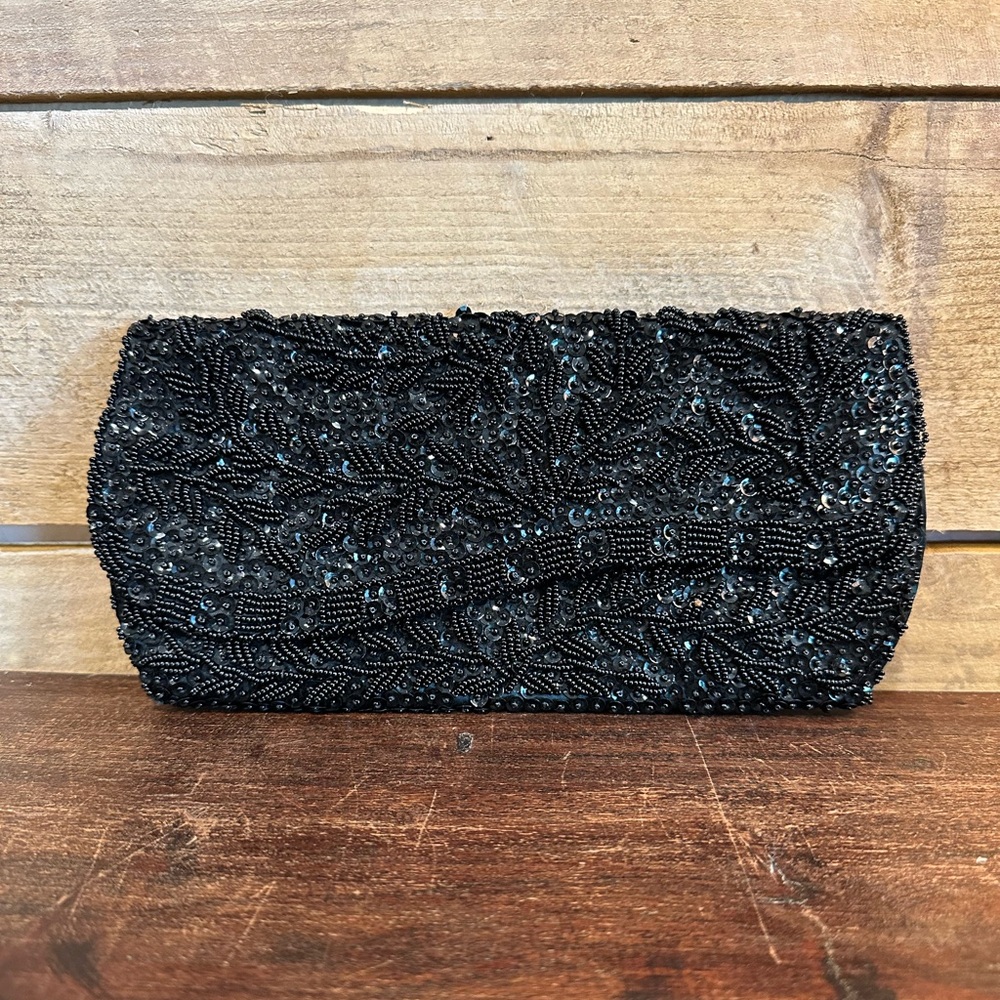 Vintage La Regale Black Beaded Clutch • Handmade Hong Kong • Evening Bag